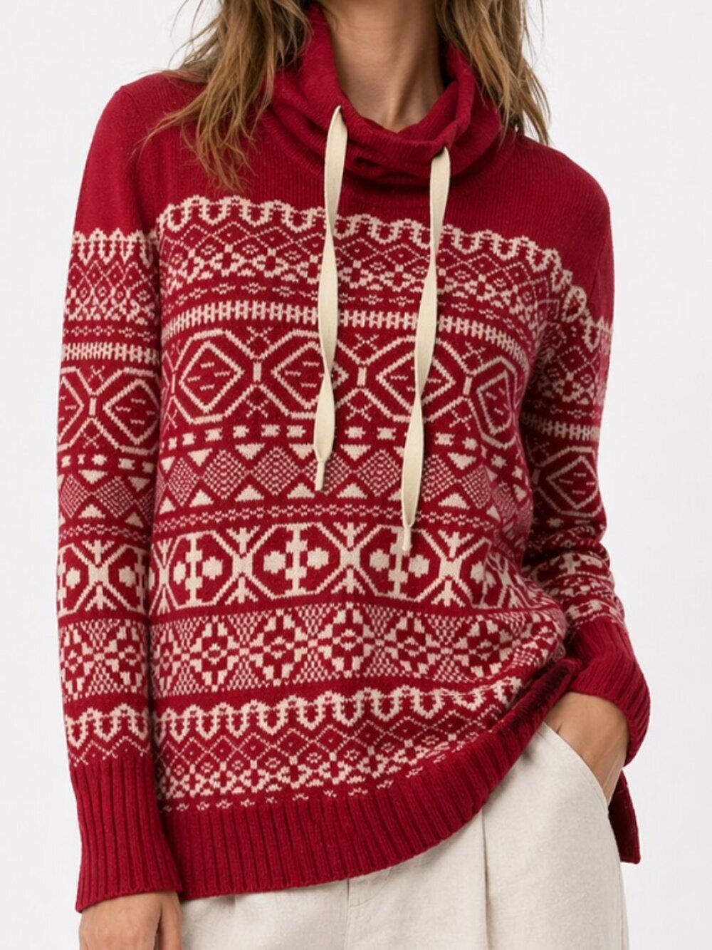 EDDIE BAUER Nordic Fair Isle Wool Cowl Neck Sweater Red Small